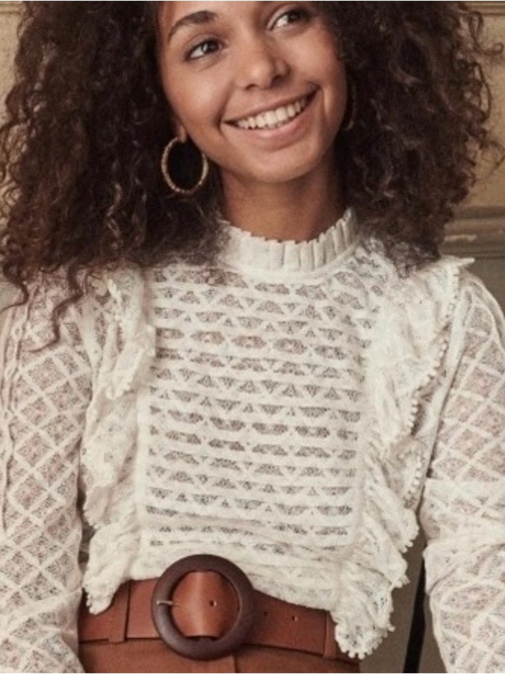 Sezane Cream Lace Ruffle High-Neck Blouse